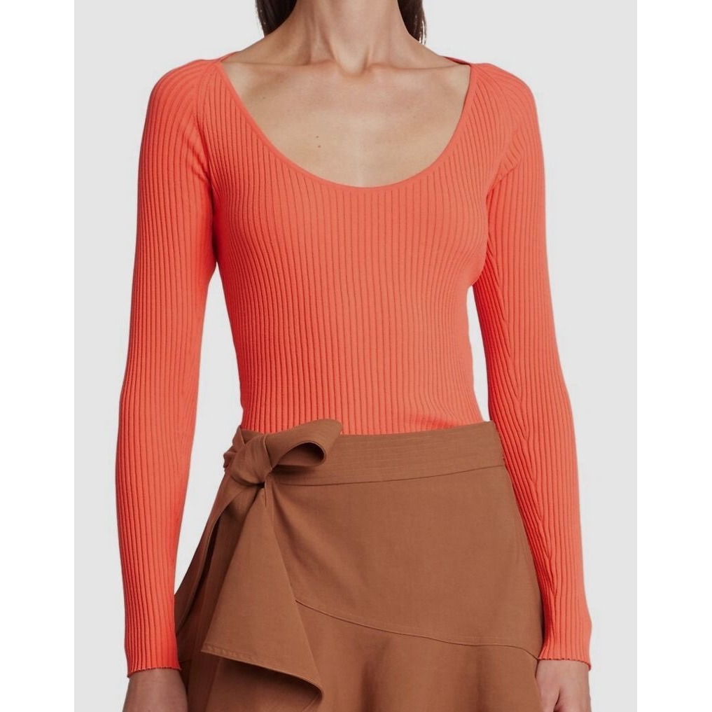 Alc Coral Orange Ribbed Knit Scoop Neck Long Sleeve Top Size Large